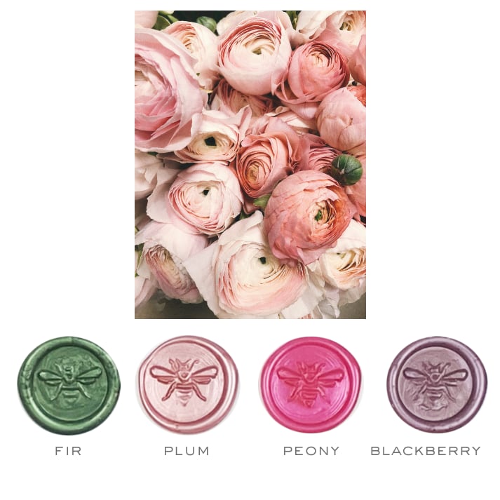Peony spring sealing wax colorway collection paired with a themed wax seal stamp by letterseals.com