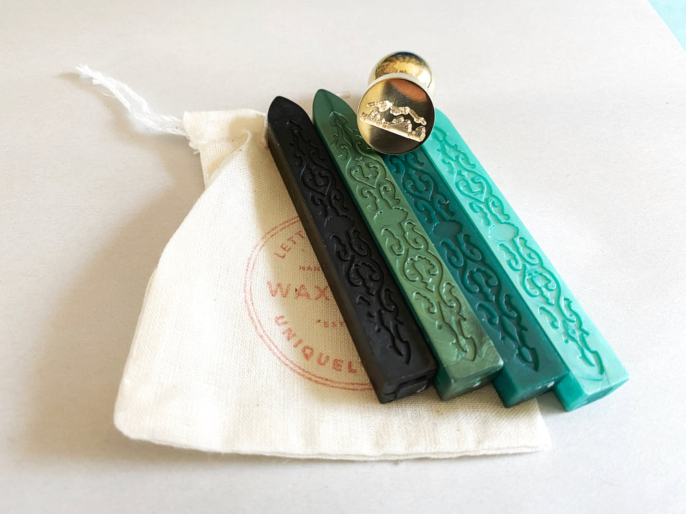Forest Themed Stamp & Riparian Colorway Sealing Wax Set- Made in USA- LetterSeals.com