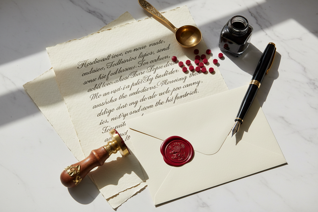 Handwritten letter with wax seal, fountain pen, and sealing wax on white surface from LetterSeals.com