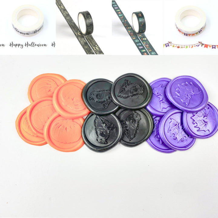 15 Halloween Linocut Designs Adhesive Wax Seals &amp; 4 Washi Tape Collection-LetterSeals.com