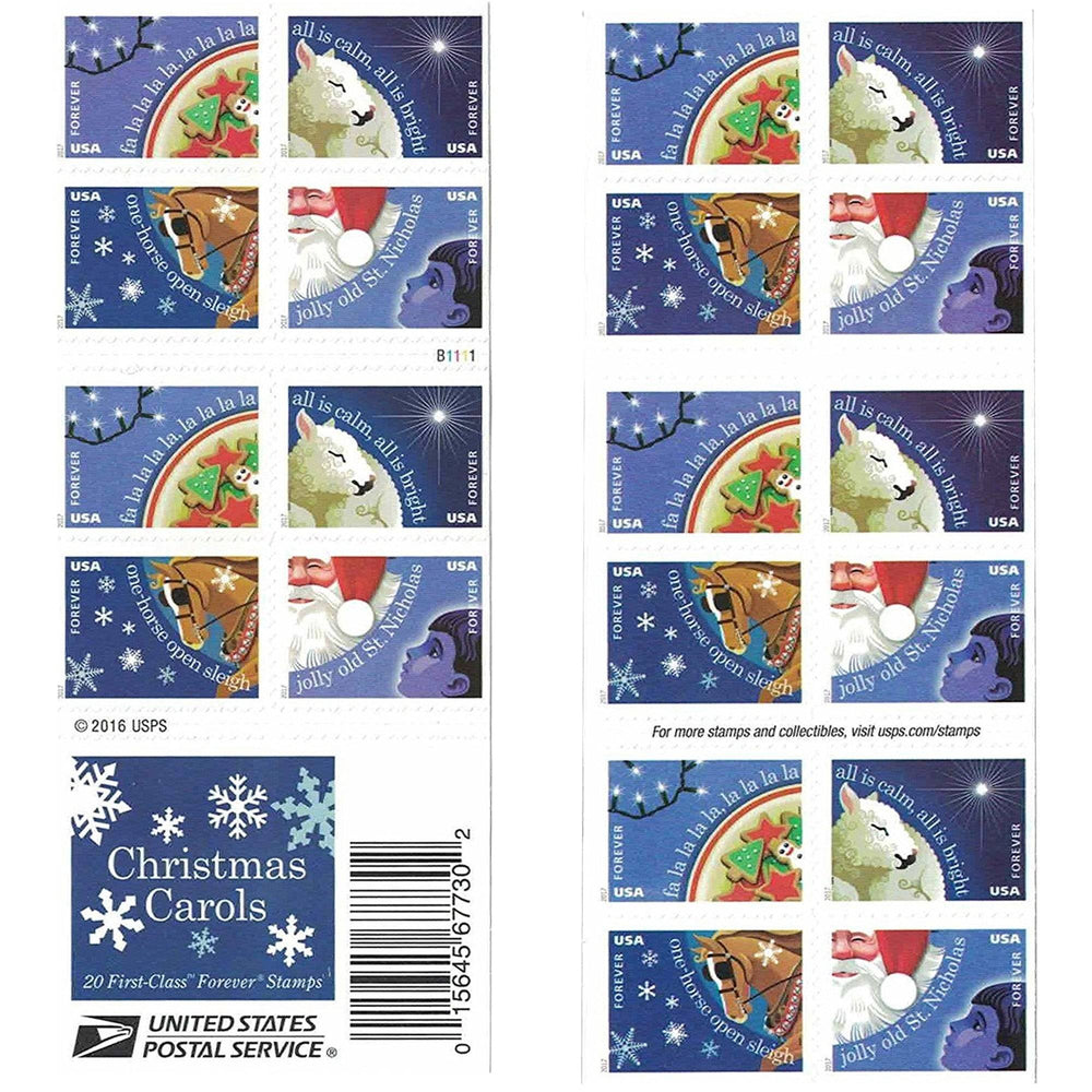 Sheet of 'Christmas Carols Forever' themed USPS first-class stamps