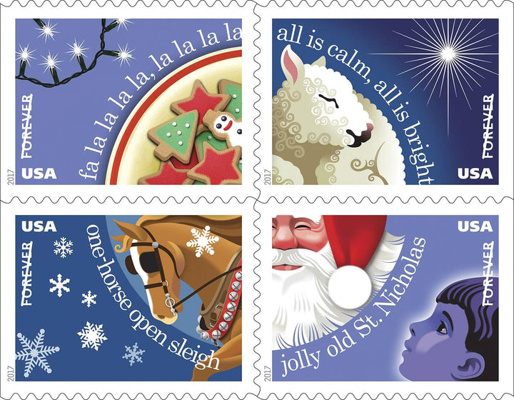 First-class postage stamps featuring Christmas carols theme