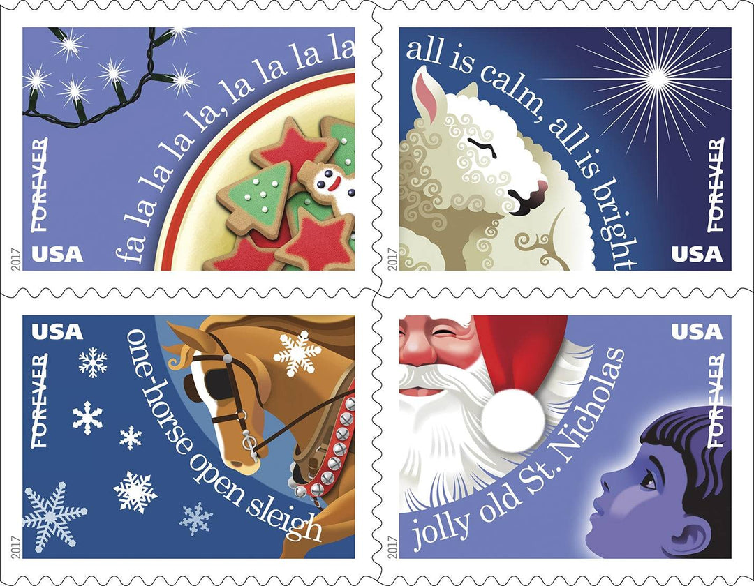 First-class postage stamps featuring Christmas carols theme