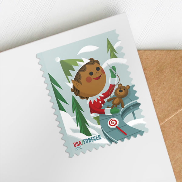 Holiday Elves Forever 1st Class Postage Stamps-LetterSeals.com