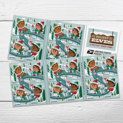 Holiday Elves Forever 1st Class Postage Stamps-LetterSeals.com